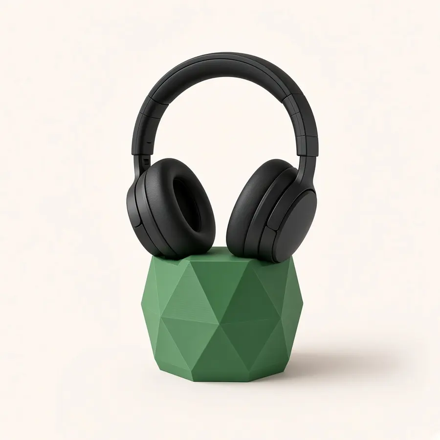 Suporte geométrico verde com fone de ouvido