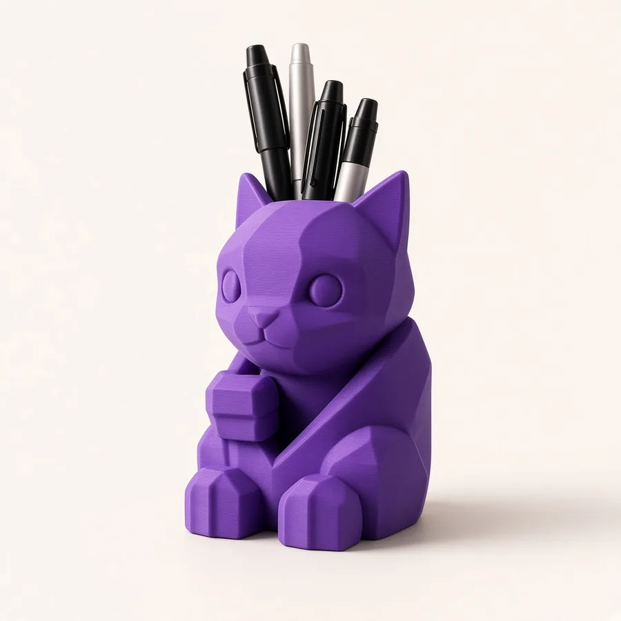 Porta-canetas em formato de gato, em roxo