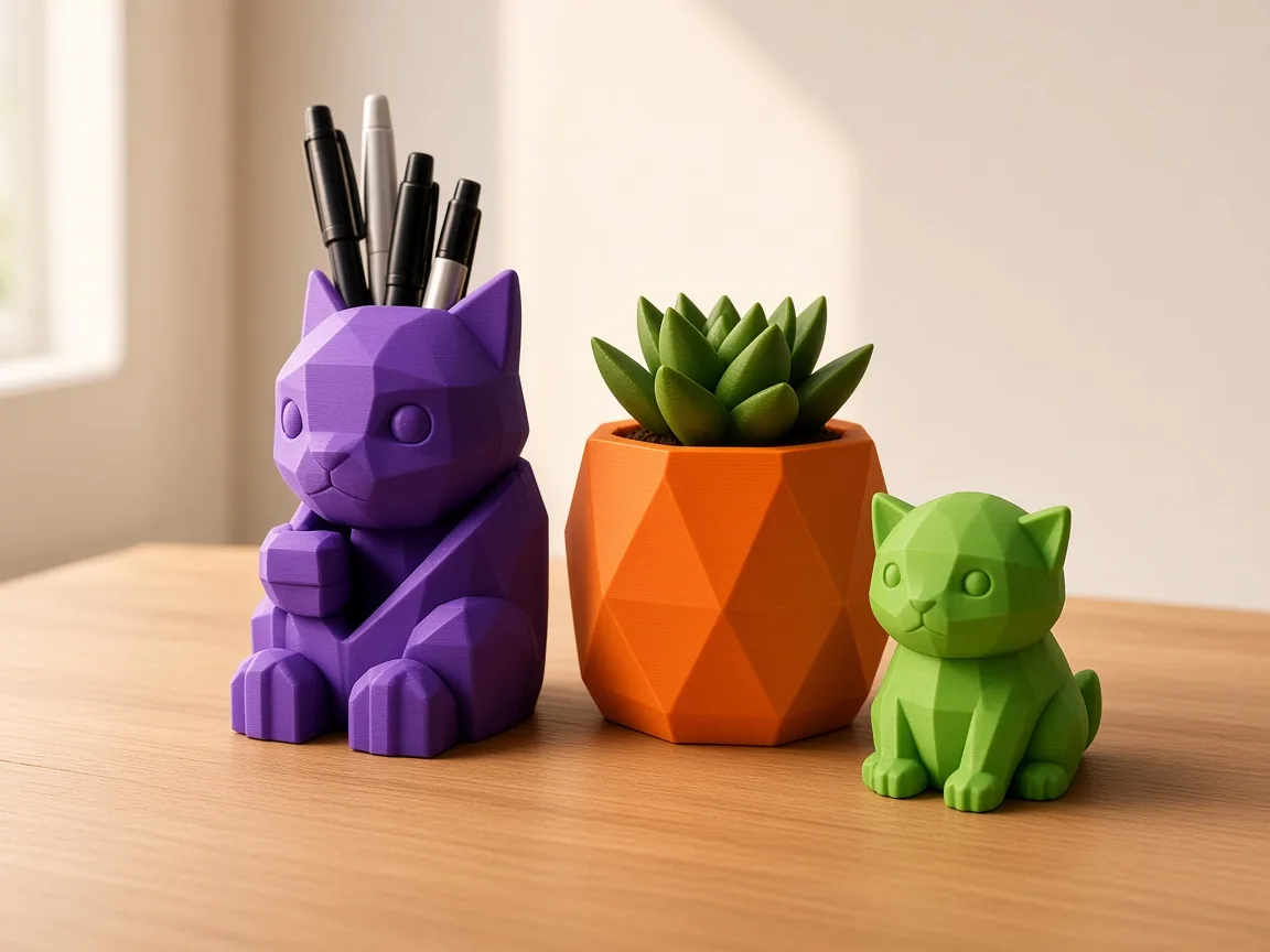 Presentes em impressão 3D: porta-canetas, vaso e gato