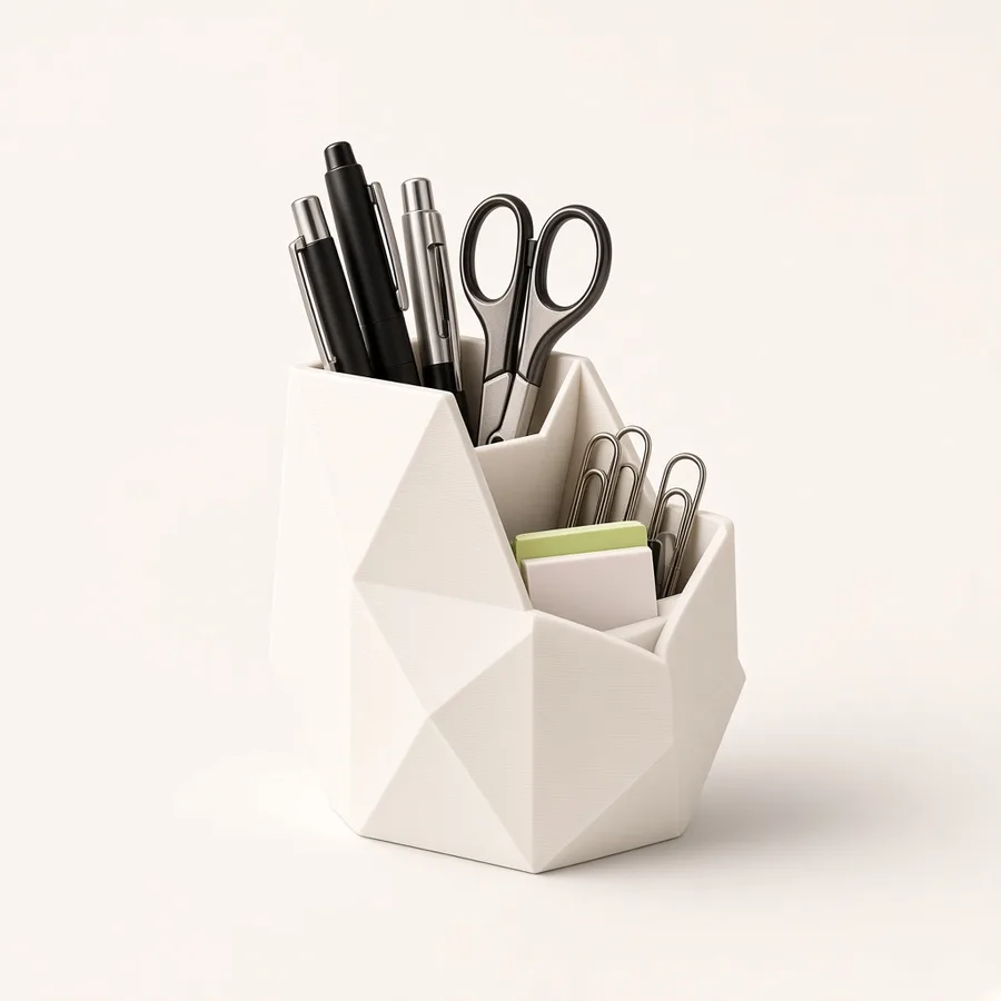 Organizador de mesa geométrico com canetas e clips