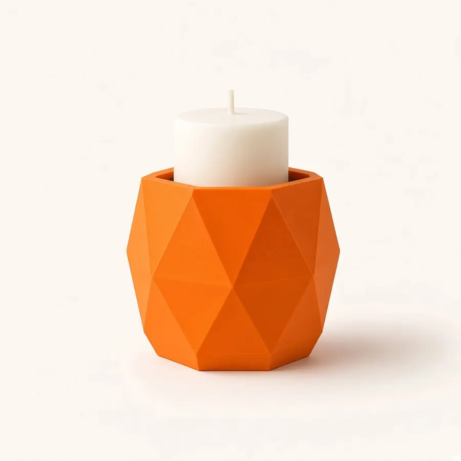 Porta-velas geométrico laranja com vela branca